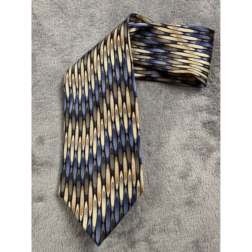 Irvine Park Mens Silk Necktie Blue Gold Geometric Oval Pattern Classic Tie